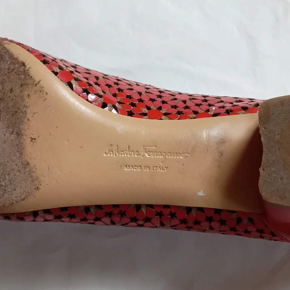 Salvatore Ferragamo Red Perforated Leather Bow Block Heel Pump